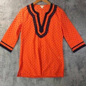 J.Crew Women's XS Eyelet Tunic Top Bright Orange Navy Trim sunny season staple